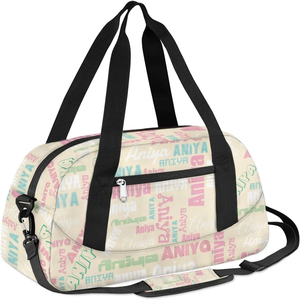 Personalized Gym Bag for Girls Teens, Custom Dance Bag Overnight Small Duffel Bag Carry On Weekend Sports Travel Bag for School Practice Gymnastics Ballet, Dense Text Apricot Multicolor