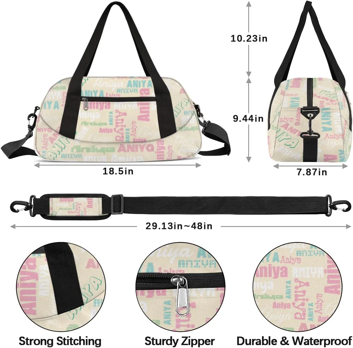 Personalized Gym Bag for Girls Teens, Custom Dance Bag Overnight Small Duffel Bag Carry On Weekend Sports Travel Bag for School Practice Gymnastics Ballet, Dense Text Apricot Multicolor