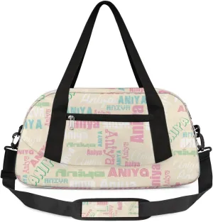 Personalized Gym Bag for Girls Teens, Custom Dance Bag Overnight Small Duffel Bag Carry On Weekend Sports Travel Bag for School Practice Gymnastics Ballet, Dense Text Apricot Multicolor