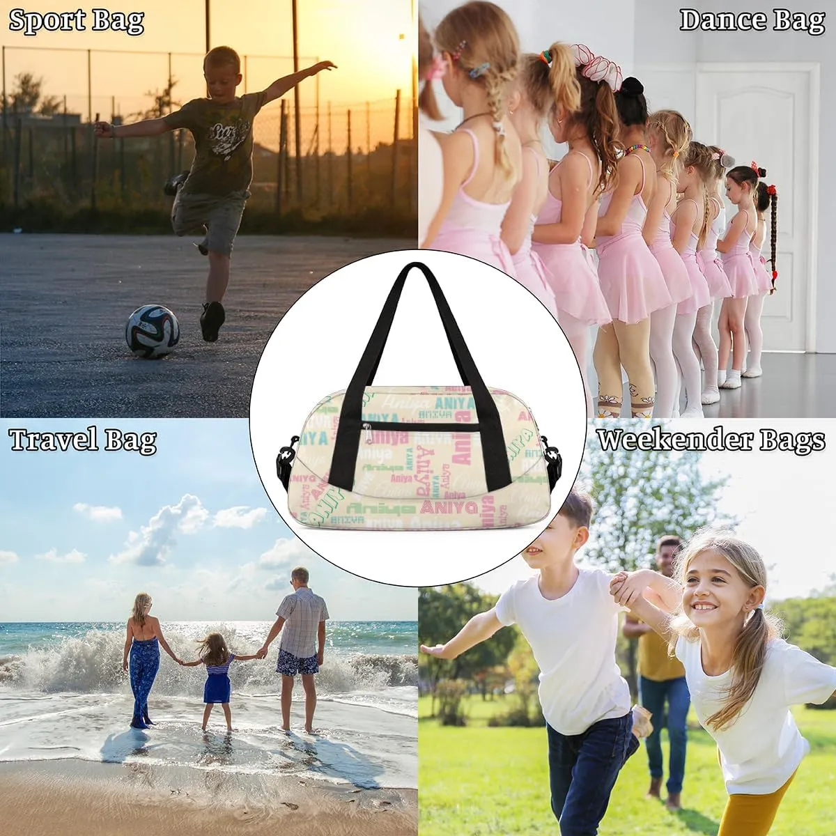 Personalized Gym Bag for Girls Teens, Custom Dance Bag Overnight Small Duffel Bag Carry On Weekend Sports Travel Bag for School Practice Gymnastics Ballet, Dense Text Apricot Multicolor
