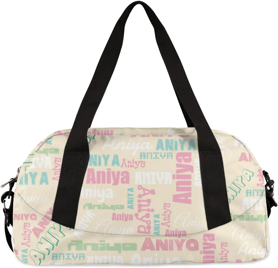 Personalized Gym Bag for Girls Teens, Custom Dance Bag Overnight Small Duffel Bag Carry On Weekend Sports Travel Bag for School Practice Gymnastics Ballet, Dense Text Apricot Multicolor