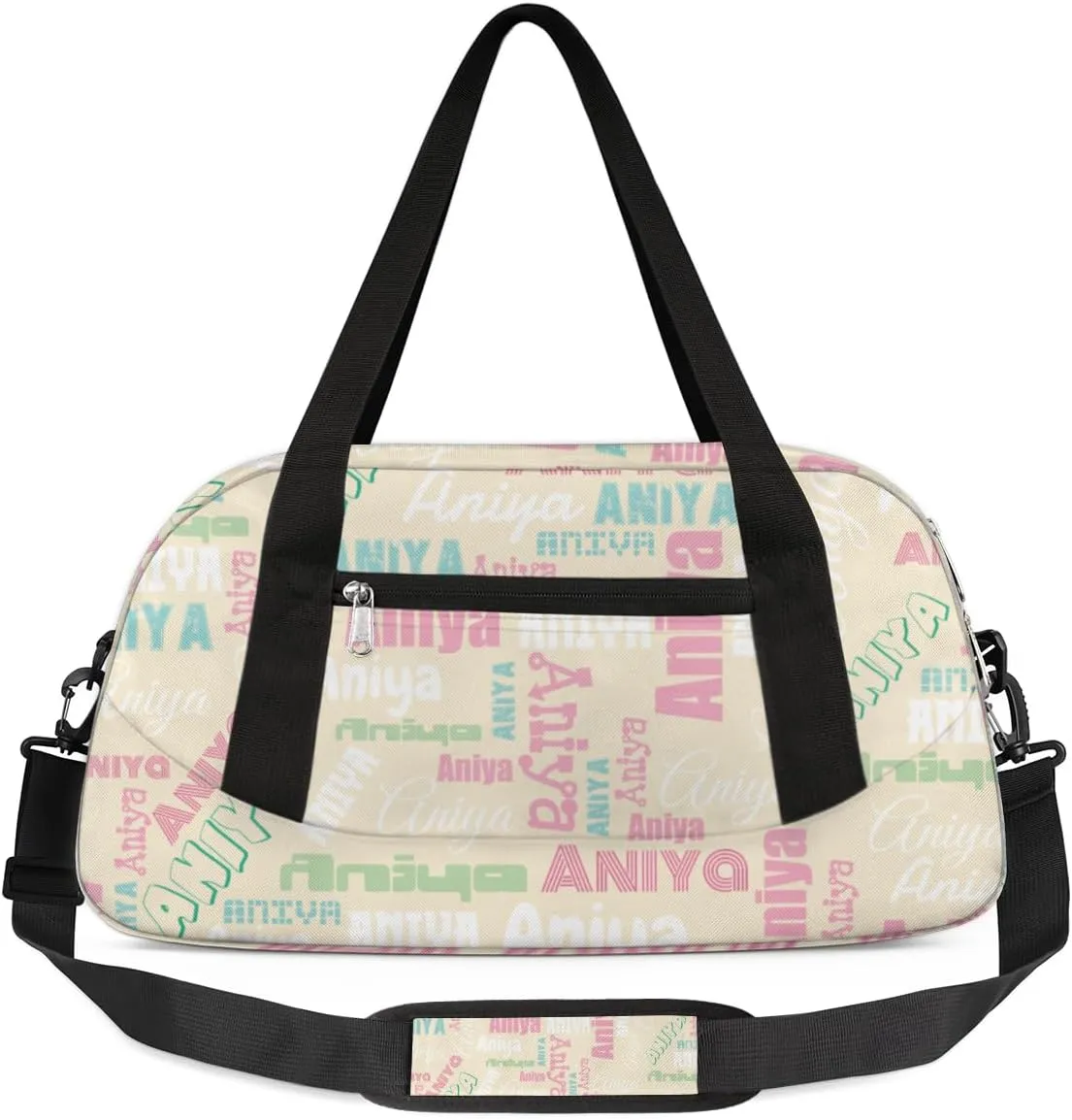 Personalized Gym Bag for Girls Teens, Custom Dance Bag Overnight Small Duffel Bag Carry On Weekend Sports Travel Bag for School Practice Gymnastics Ballet, Dense Text Apricot Multicolor