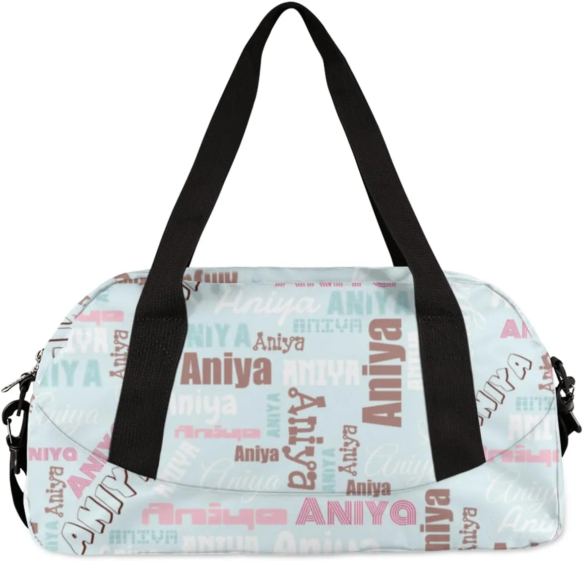 Personalized Gym Bag for Girls Teens, Custom Dance Bag Overnight Small Duffel Bag Carry On Weekend Sports Travel Bag for School Practice Gymnastics Ballet, Dense Text Light Blue Multicolor