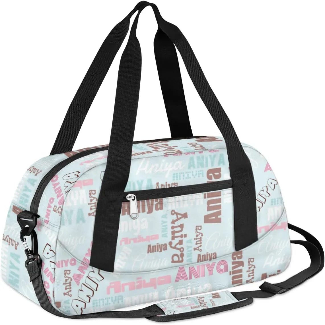 Personalized Gym Bag for Girls Teens, Custom Dance Bag Overnight Small Duffel Bag Carry On Weekend Sports Travel Bag for School Practice Gymnastics Ballet, Dense Text Light Blue Multicolor