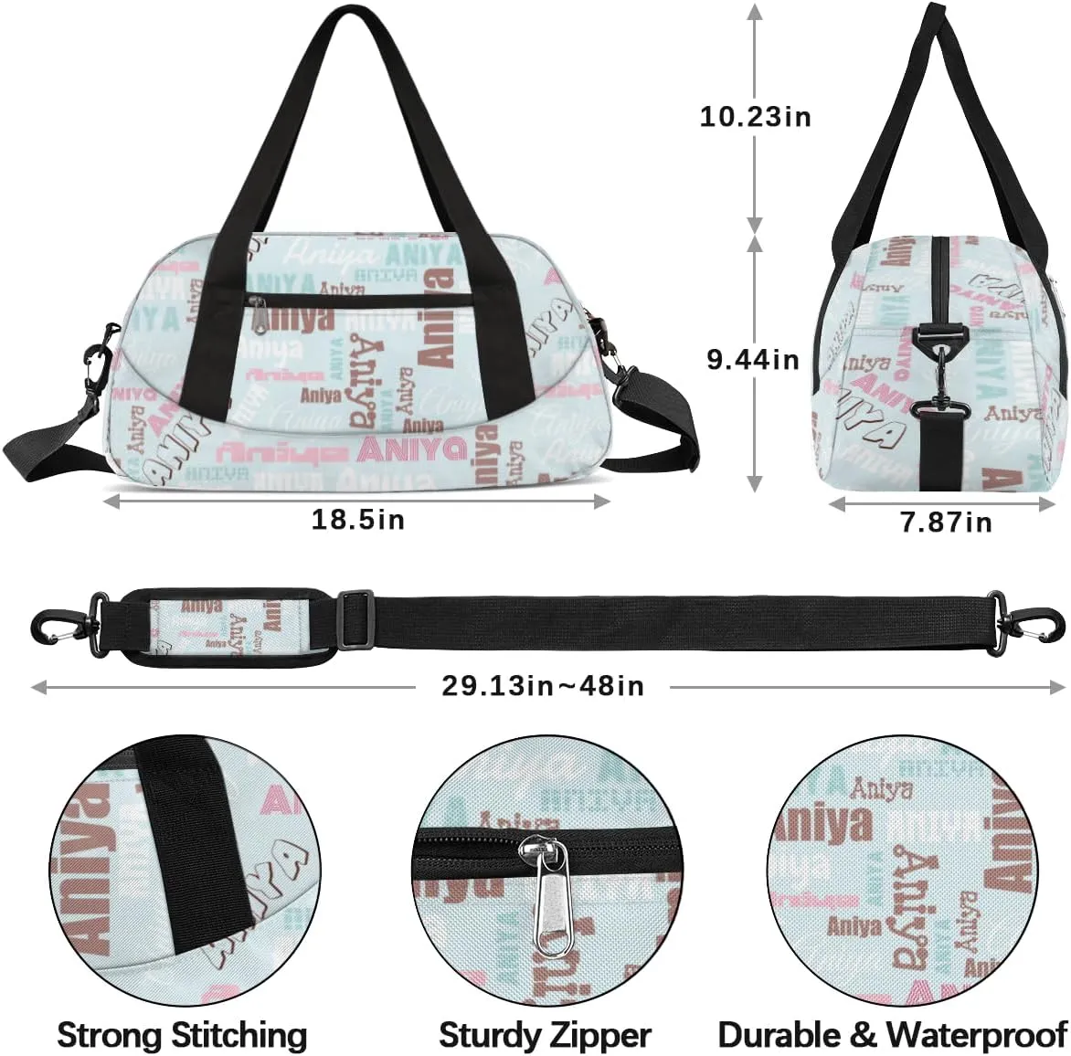 Personalized Gym Bag for Girls Teens, Custom Dance Bag Overnight Small Duffel Bag Carry On Weekend Sports Travel Bag for School Practice Gymnastics Ballet, Dense Text Light Blue Multicolor