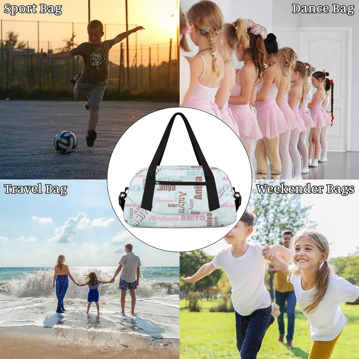 Personalized Gym Bag for Girls Teens, Custom Dance Bag Overnight Small Duffel Bag Carry On Weekend Sports Travel Bag for School Practice Gymnastics Ballet, Dense Text Light Blue Multicolor