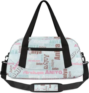 Personalized Gym Bag for Girls Teens, Custom Dance Bag Overnight Small Duffel Bag Carry On Weekend Sports Travel Bag for School Practice Gymnastics Ballet, Dense Text Light Blue Multicolor