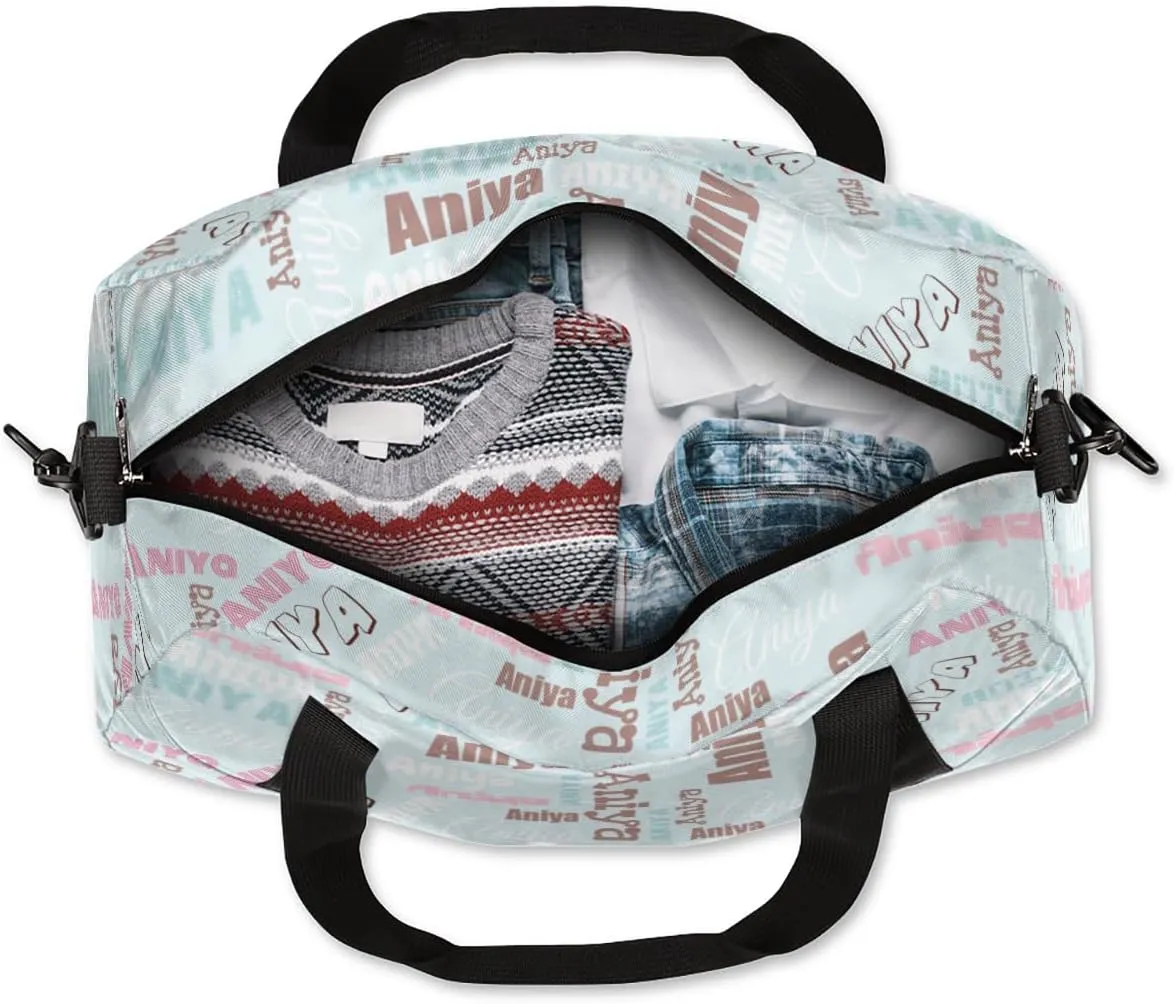 Personalized Gym Bag for Girls Teens, Custom Dance Bag Overnight Small Duffel Bag Carry On Weekend Sports Travel Bag for School Practice Gymnastics Ballet, Dense Text Light Blue Multicolor