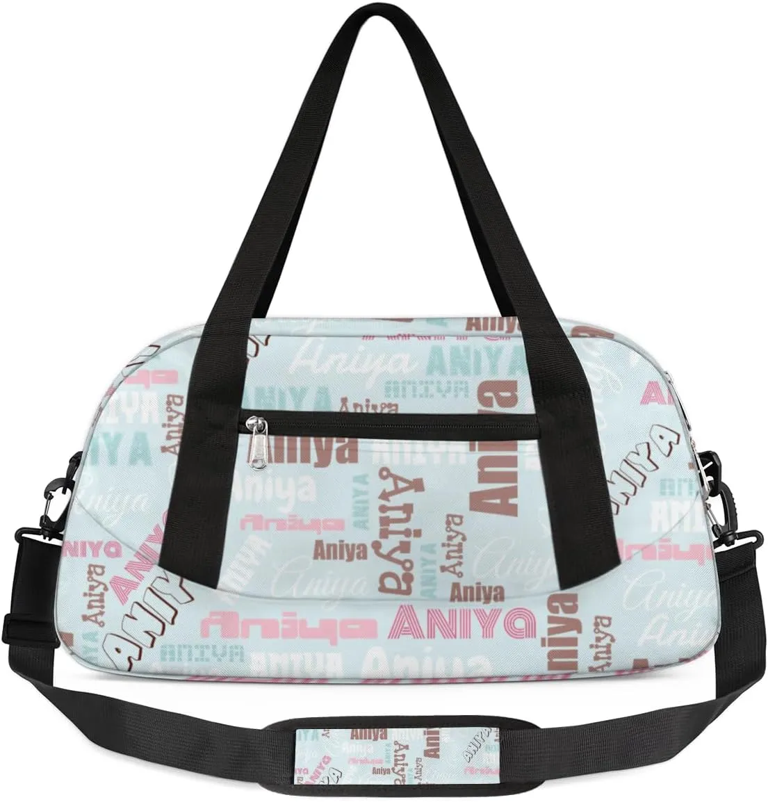 Personalized Gym Bag for Girls Teens, Custom Dance Bag Overnight Small Duffel Bag Carry On Weekend Sports Travel Bag for School Practice Gymnastics Ballet, Dense Text Light Blue Multicolor