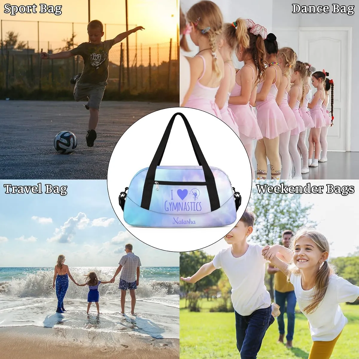 Personalized Gym Bag for Girls Teens, Custom Dance Bag Overnight Small Duffel Bag Carry On Weekend Sports Travel Bag for School Practice Gymnastics Ballet, Gymnastics Blue Oil Painting