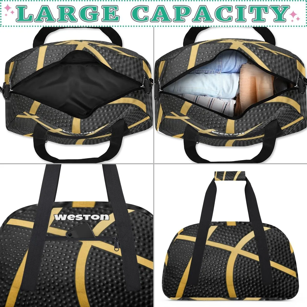 Personalized Kids Gym Bag, Custom Sport Duffel Bag, Cheerleading Dance Bag Weekender Bags Travel Duffel Bag for Boy Black Basketball