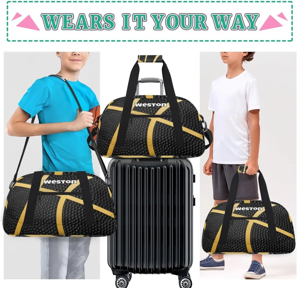 Personalized Kids Gym Bag, Custom Sport Duffel Bag, Cheerleading Dance Bag Weekender Bags Travel Duffel Bag for Boy Black Basketball