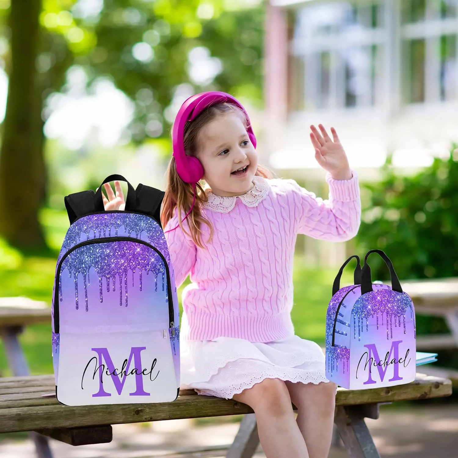 Personalized School Backpack for Daughter from Mom, Custom Deep Pink Sparkle Drip Initial Casual Daypacks Lunch Tote Bag Customized Travel Book Bag with Name Knapsack Schoolbag for Teens Boys Girls
