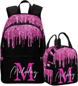Personalized School Backpack for Daughter from Mom, Custom Deep Pink Sparkle Drip Initial Casual Daypacks Lunch Tote Bag Customized Travel Book Bag with Name Knapsack Schoolbag for Teens Boys Girls