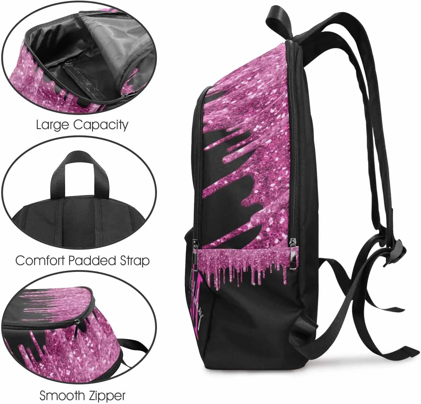 Personalized School Backpack for Daughter from Mom, Custom Deep Pink Sparkle Drip Initial Casual Daypacks Lunch Tote Bag Customized Travel Book Bag with Name Knapsack Schoolbag for Teens Boys Girls
