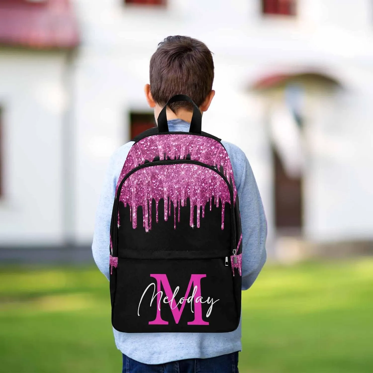 Personalized School Backpack for Daughter from Mom, Custom Deep Pink Sparkle Drip Initial Casual Daypacks Lunch Tote Bag Customized Travel Book Bag with Name Knapsack Schoolbag for Teens Boys Girls