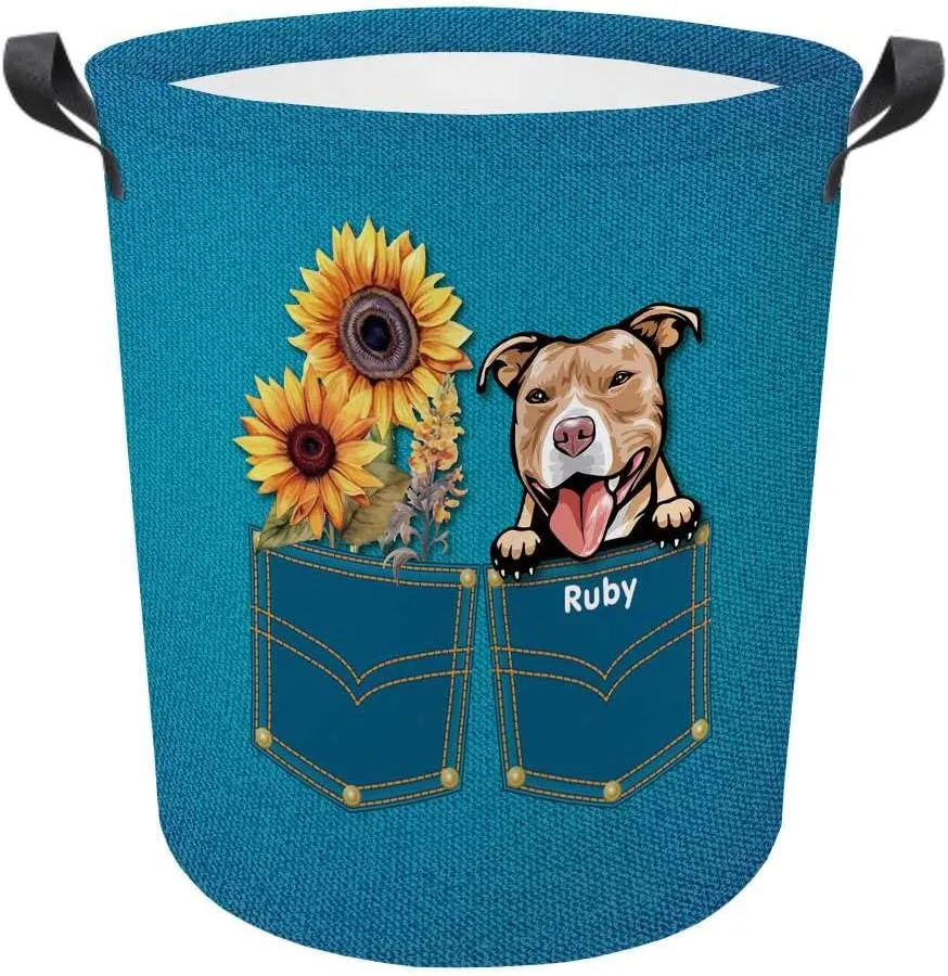 Personalized Sunflower Laundry Basket Loyal Pit Bull Dog Bathroom Cloth Bag Custom Dog Name Storage Basket.
