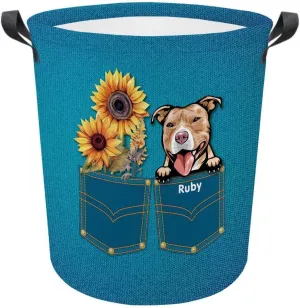 Personalized Sunflower Laundry Basket Loyal Pit Bull Dog Bathroom Cloth Bag Custom Dog Name Storage Basket.