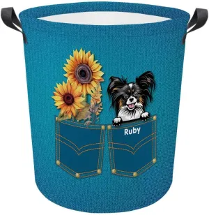 Personalized Sunflower Laundry Basket Papillion Dog Bathroom Cloth Bag Custom Dog Name Storage Basket.