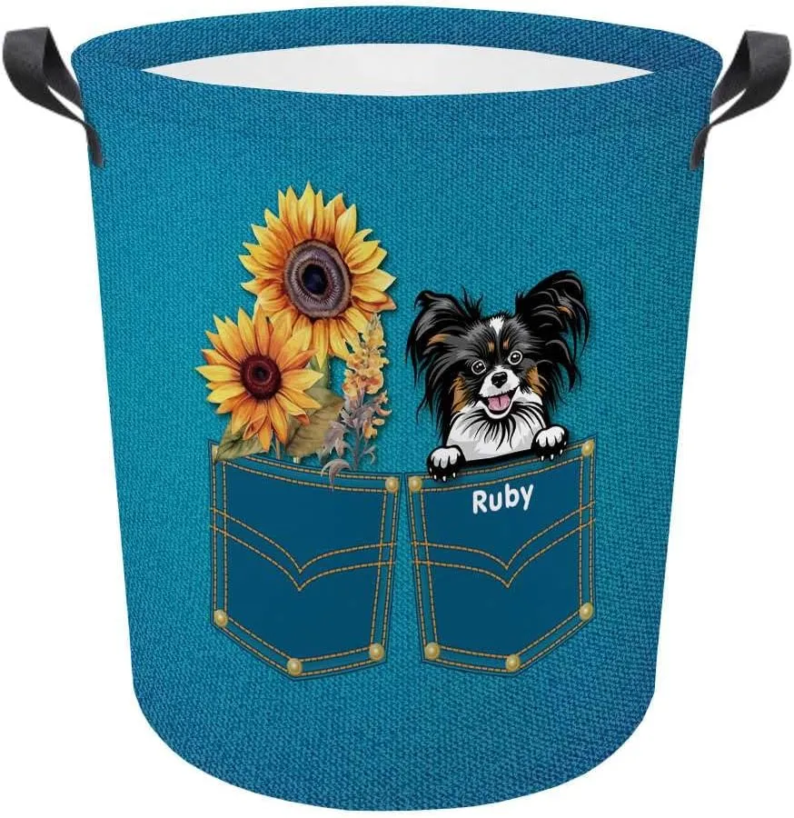 Personalized Sunflower Laundry Basket Papillion Dog Bathroom Cloth Bag Custom Dog Name Storage Basket.
