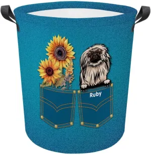 Personalized Sunflower Laundry Basket Pekingese Dog Bathroom Cloth Bag Custom Dog Name Storage Basket.