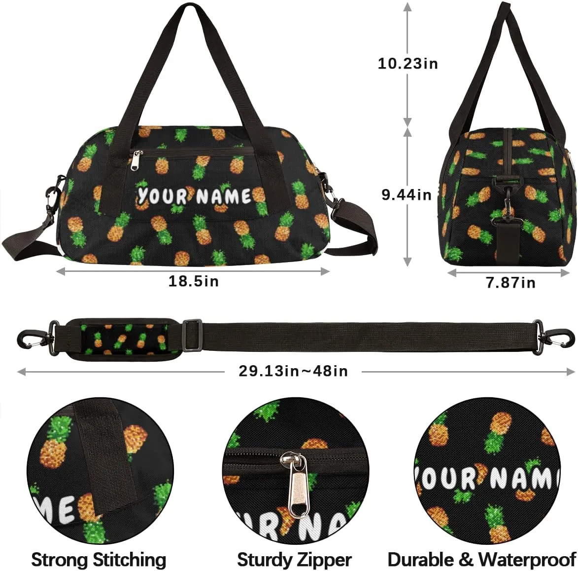 Pineapple Personalized Kids Duffel Bag for Girls Boys, Pineapple Debris Custom Name Dance Bag Overnight Small Duffel Bag Carry On Weekend Sports Travel Bag for School Practice Gymnastics Ballet