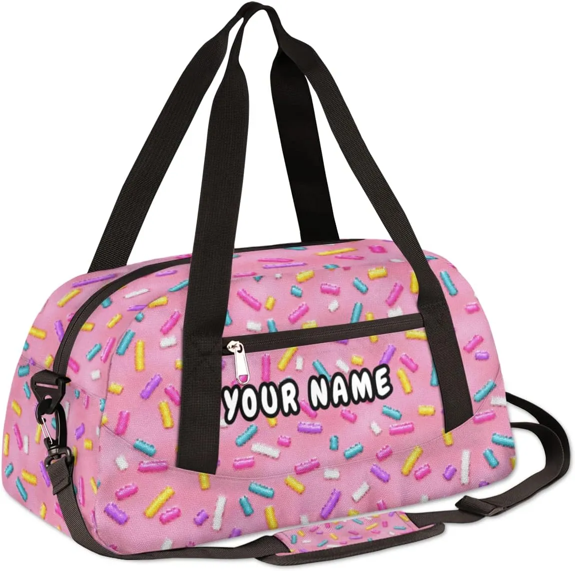 Pink Doughnut Candy Personalized Kids Duffel Bag for Girls, Doughnut Debris Custom Name Dance Bag Overnight Small Duffel Bag Carry On Weekend Sports Travel Bag for School Practice Gymnastics Ballet
