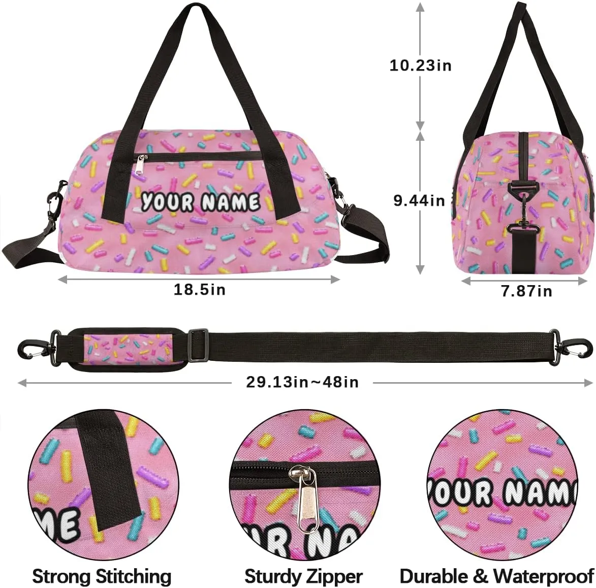 Pink Doughnut Candy Personalized Kids Duffel Bag for Girls, Doughnut Debris Custom Name Dance Bag Overnight Small Duffel Bag Carry On Weekend Sports Travel Bag for School Practice Gymnastics Ballet