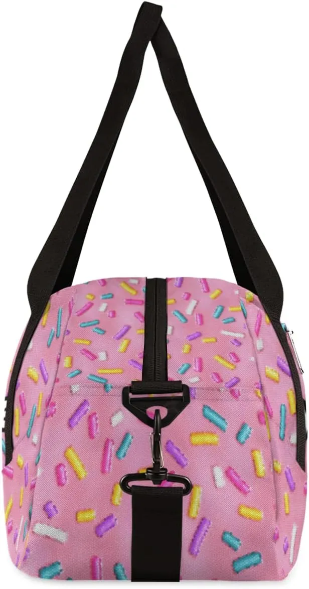 Pink Doughnut Candy Personalized Kids Duffel Bag for Girls, Doughnut Debris Custom Name Dance Bag Overnight Small Duffel Bag Carry On Weekend Sports Travel Bag for School Practice Gymnastics Ballet