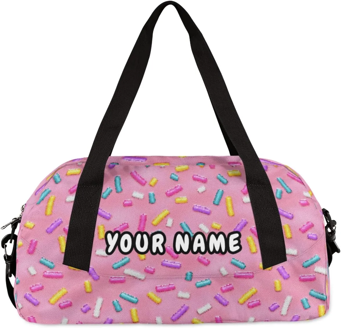 Pink Doughnut Candy Personalized Kids Duffel Bag for Girls, Doughnut Debris Custom Name Dance Bag Overnight Small Duffel Bag Carry On Weekend Sports Travel Bag for School Practice Gymnastics Ballet