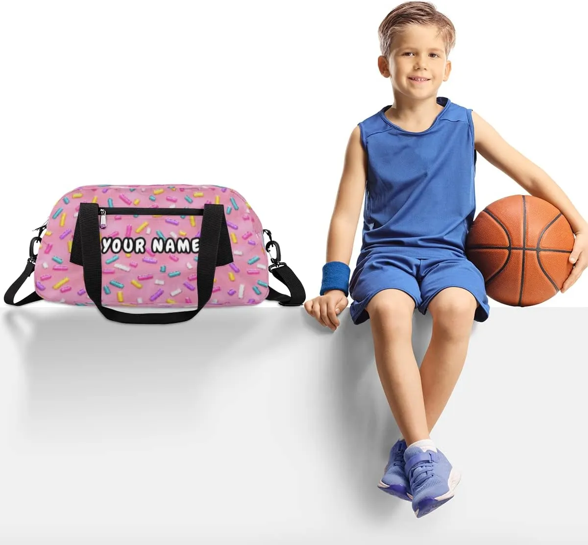 Pink Doughnut Candy Personalized Kids Duffel Bag for Girls, Doughnut Debris Custom Name Dance Bag Overnight Small Duffel Bag Carry On Weekend Sports Travel Bag for School Practice Gymnastics Ballet