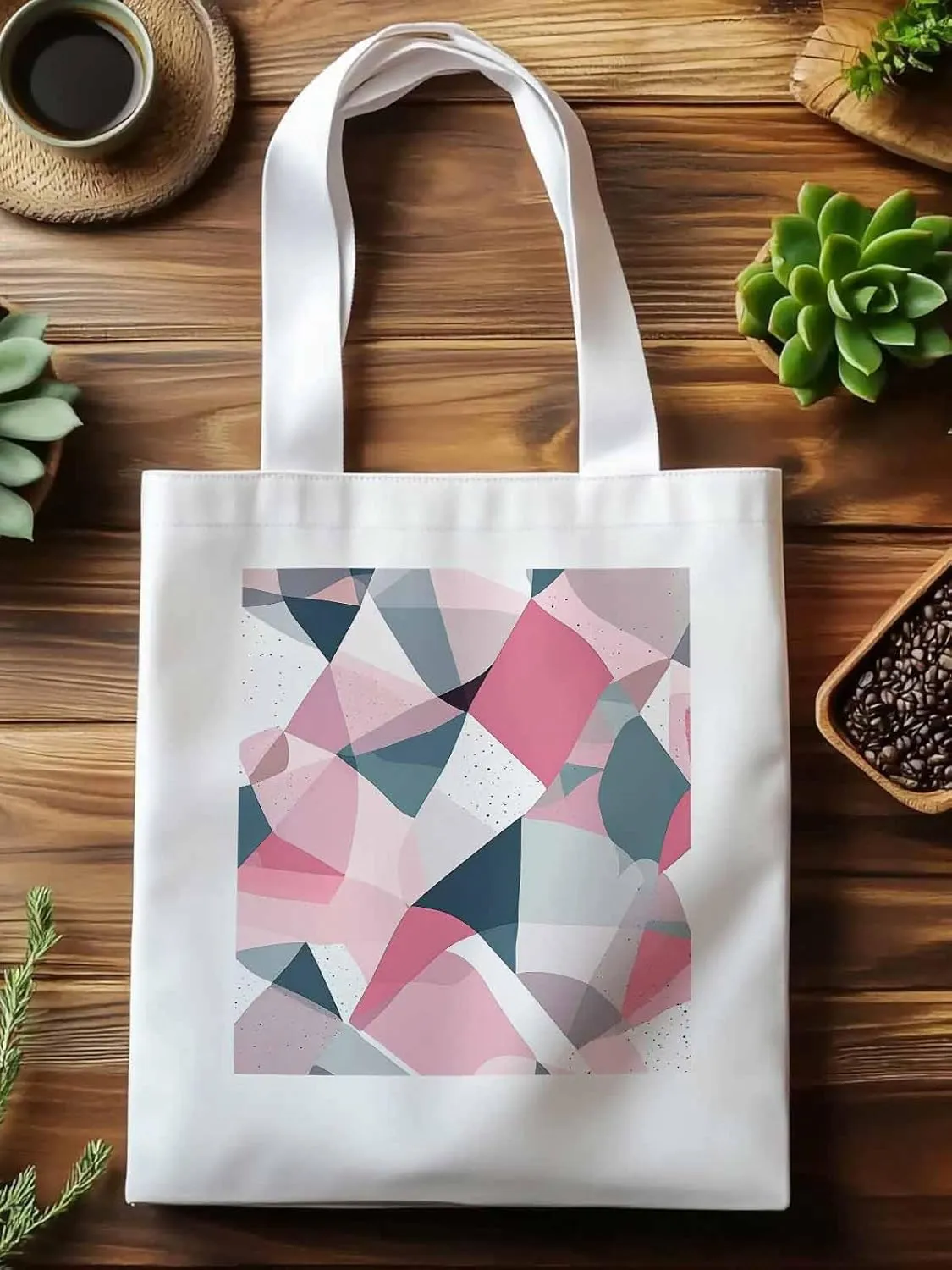 Pink Grey Abstract Geometric Canvas Tote Bag, Aesthetic Canvas Tote Handbags for Women Shoulder Bag