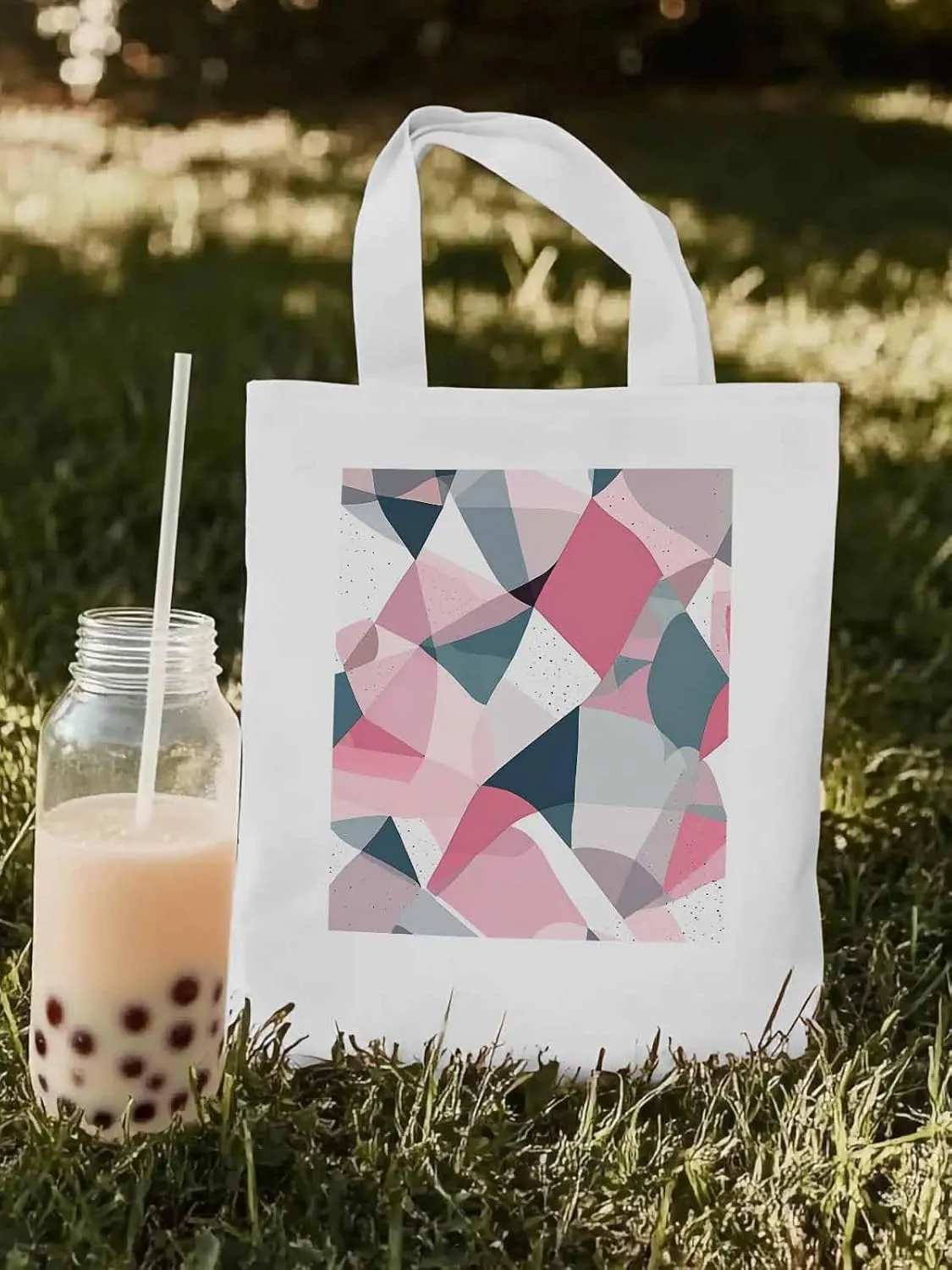 Pink Grey Abstract Geometric Canvas Tote Bag, Aesthetic Canvas Tote Handbags for Women Shoulder Bag