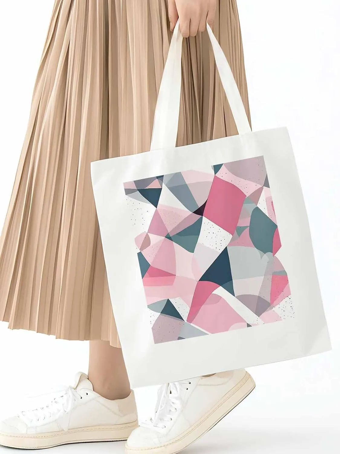 Pink Grey Abstract Geometric Canvas Tote Bag, Aesthetic Canvas Tote Handbags for Women Shoulder Bag
