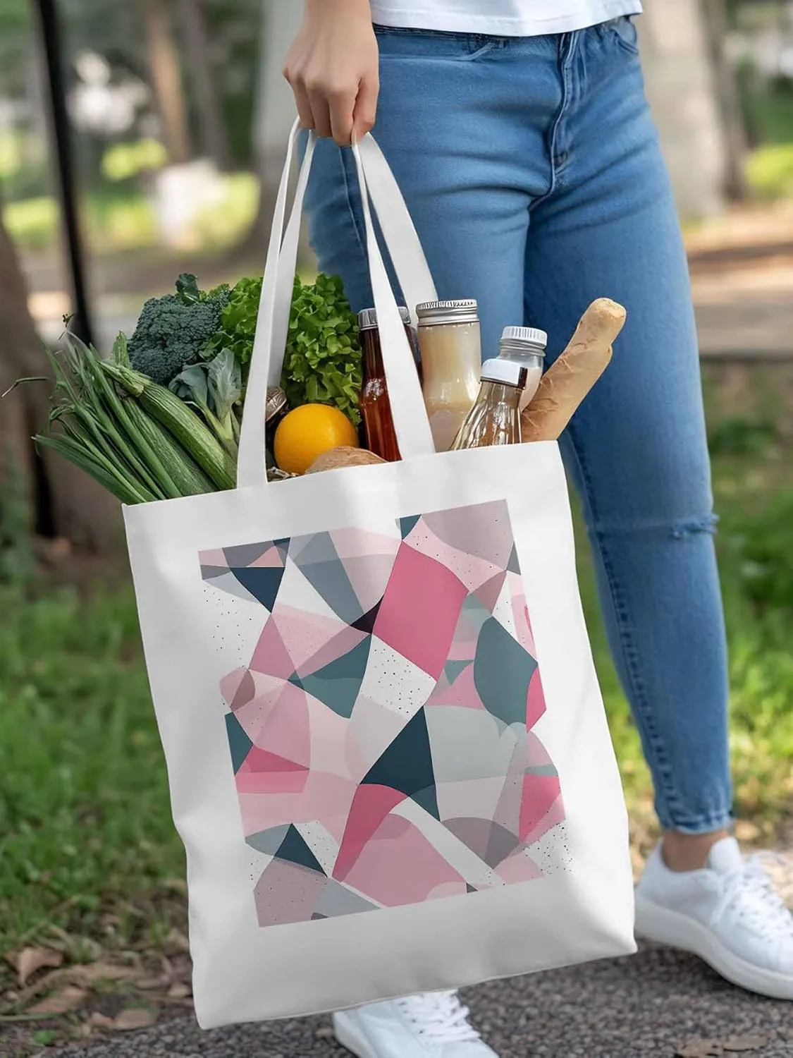 Pink Grey Abstract Geometric Canvas Tote Bag, Aesthetic Canvas Tote Handbags for Women Shoulder Bag