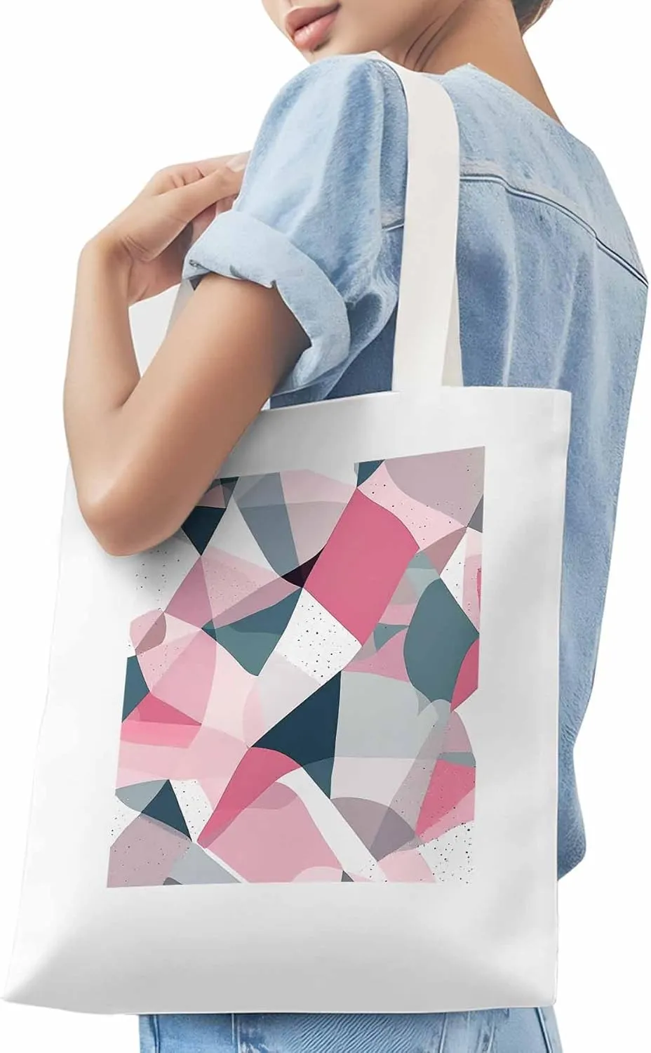 Pink Grey Abstract Geometric Canvas Tote Bag, Aesthetic Canvas Tote Handbags for Women Shoulder Bag