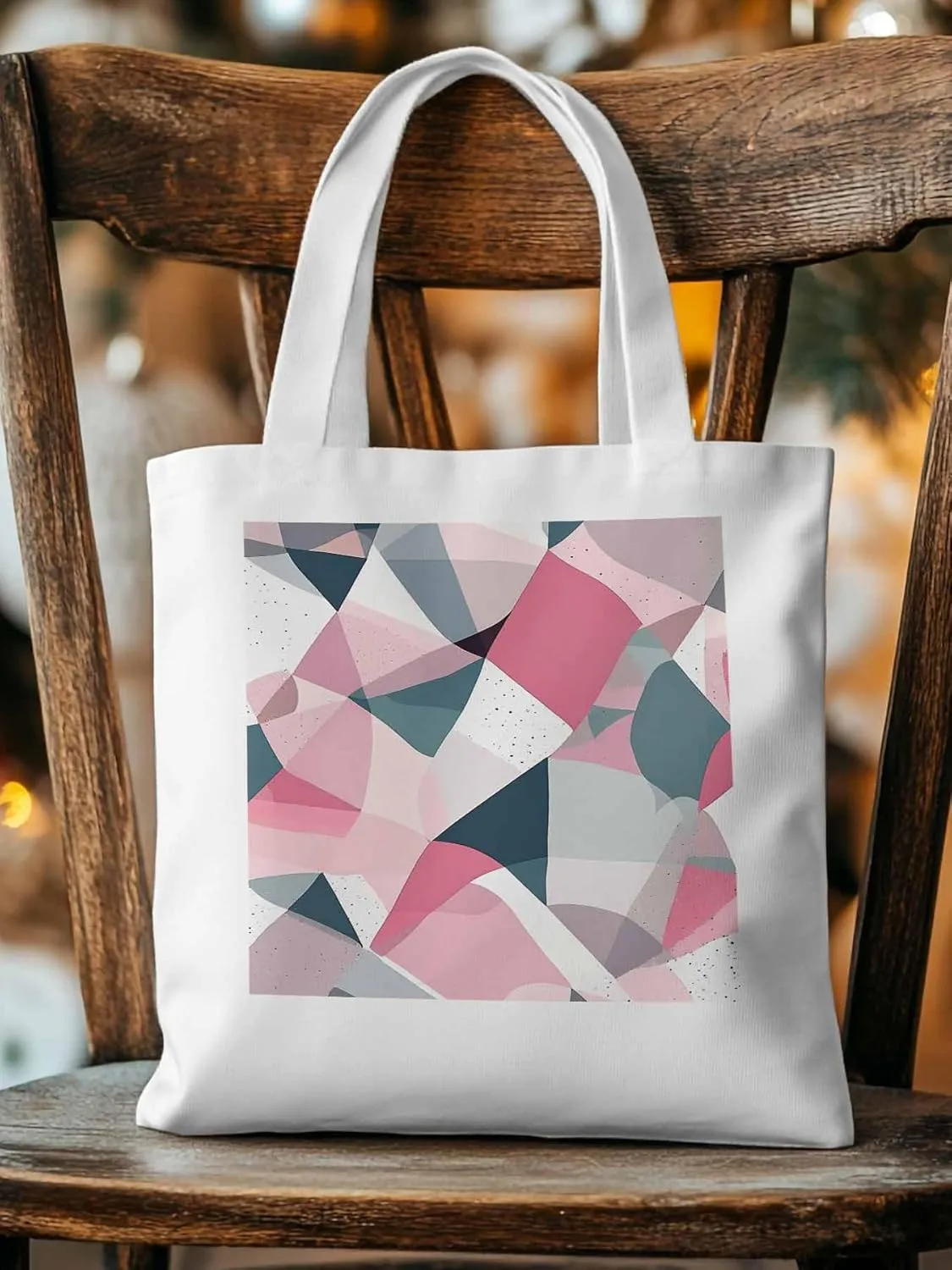 Pink Grey Abstract Geometric Canvas Tote Bag, Aesthetic Canvas Tote Handbags for Women Shoulder Bag