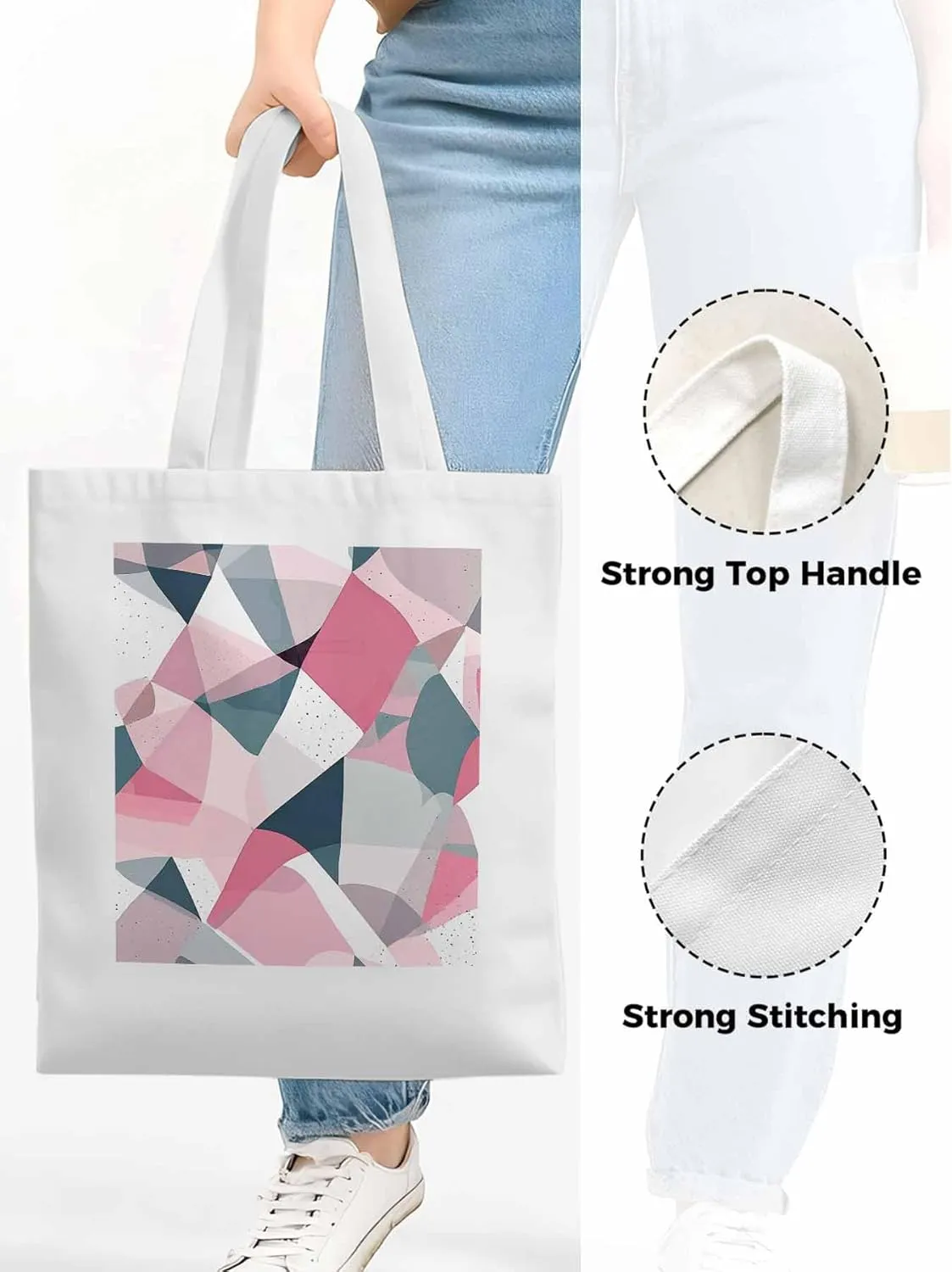 Pink Grey Abstract Geometric Canvas Tote Bag, Aesthetic Canvas Tote Handbags for Women Shoulder Bag