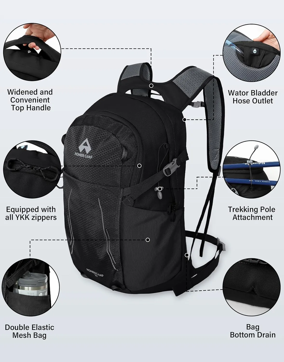 Pioneer Camp Hiking Backpack 22L Small Hiking Hydration Gear Lightweight Camping Backpack Travel Daypack for Women Men Outdoor Bag for Biking Climbing(Black;22L)