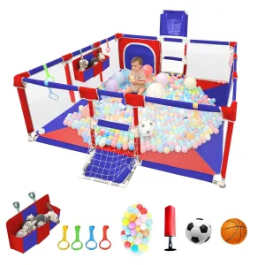 Playpen for Babies and Toddlers,73"x71"Baby Playpen with Mat Indoor＆Outdoor with Breathable Play Pen with Ocean Balls Hanging Pocket Basketball Hoop and Football Goal (Blue Red, 73"x71")