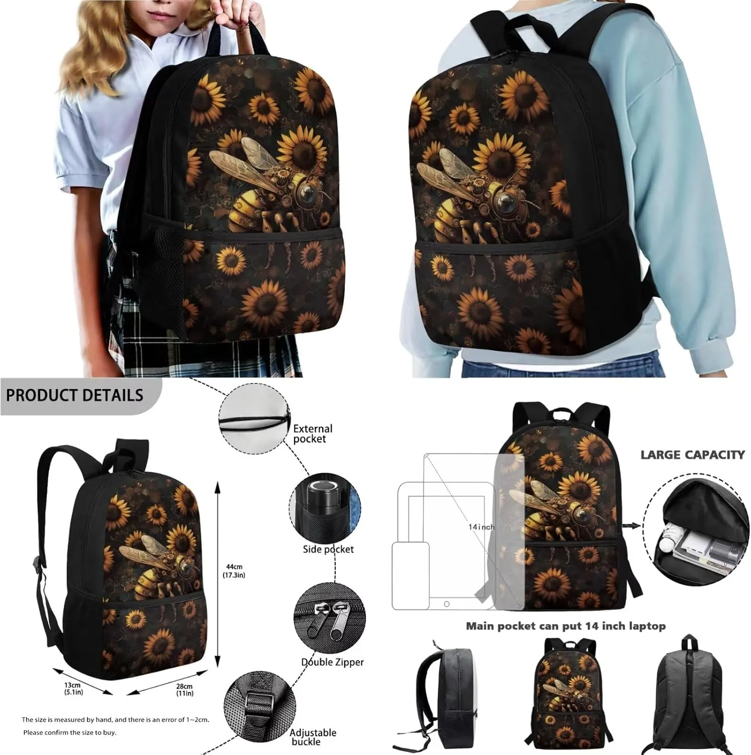 Poceacles 4 Pieces Backpack Sets for Girls Boys, Including Kawaii Rucksack Pencil Case Lunch Box Bag Bottle Sleeve for Primary Junior High School, Travel, Picnic, Sunflower Mechanical Bee