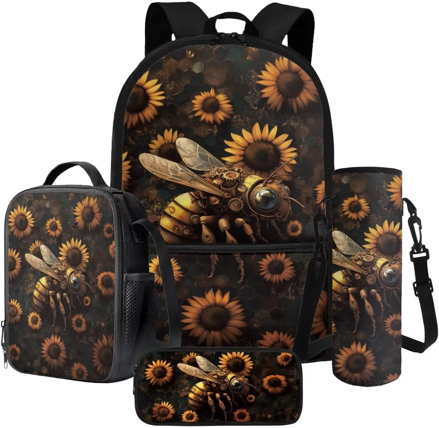 Poceacles 4 Pieces Backpack Sets for Girls Boys, Including Kawaii Rucksack Pencil Case Lunch Box Bag Bottle Sleeve for Primary Junior High School, Travel, Picnic, Sunflower Mechanical Bee