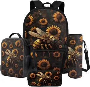 Poceacles 4 Pieces Backpack Sets for Girls Boys, Including Kawaii Rucksack Pencil Case Lunch Box Bag Bottle Sleeve for Primary Junior High School, Travel, Picnic, Sunflower Mechanical Bee