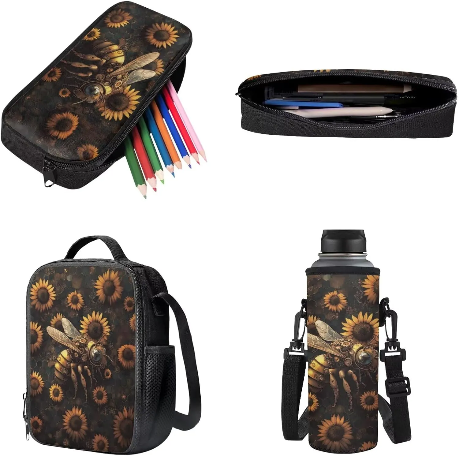 Poceacles 4 Pieces Backpack Sets for Girls Boys, Including Kawaii Rucksack Pencil Case Lunch Box Bag Bottle Sleeve for Primary Junior High School, Travel, Picnic, Sunflower Mechanical Bee
