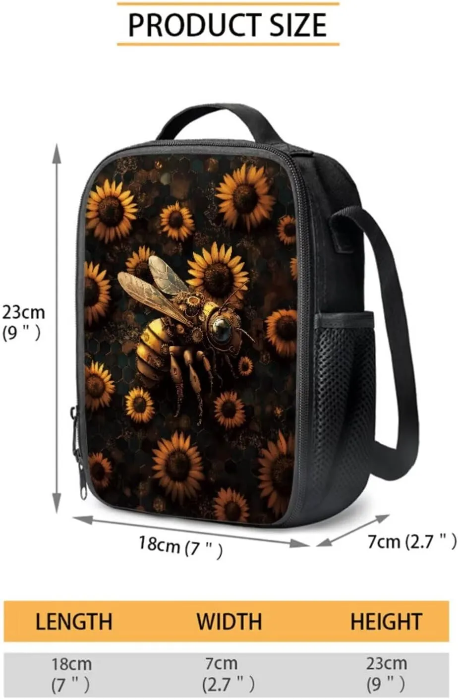 Poceacles 4 Pieces Backpack Sets for Girls Boys, Including Kawaii Rucksack Pencil Case Lunch Box Bag Bottle Sleeve for Primary Junior High School, Travel, Picnic, Sunflower Mechanical Bee