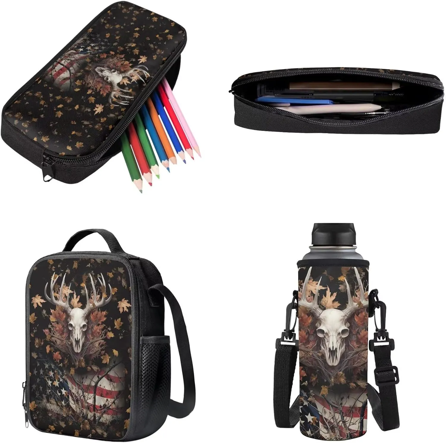 Poceacles 4 Pieces School Backpack Set with Stylish Rucksack Portable Insulated Lunch Bag Pencil Case Water Bottle Carrier for Primary Secondary School Students, Deer Skull Leaves American Flag