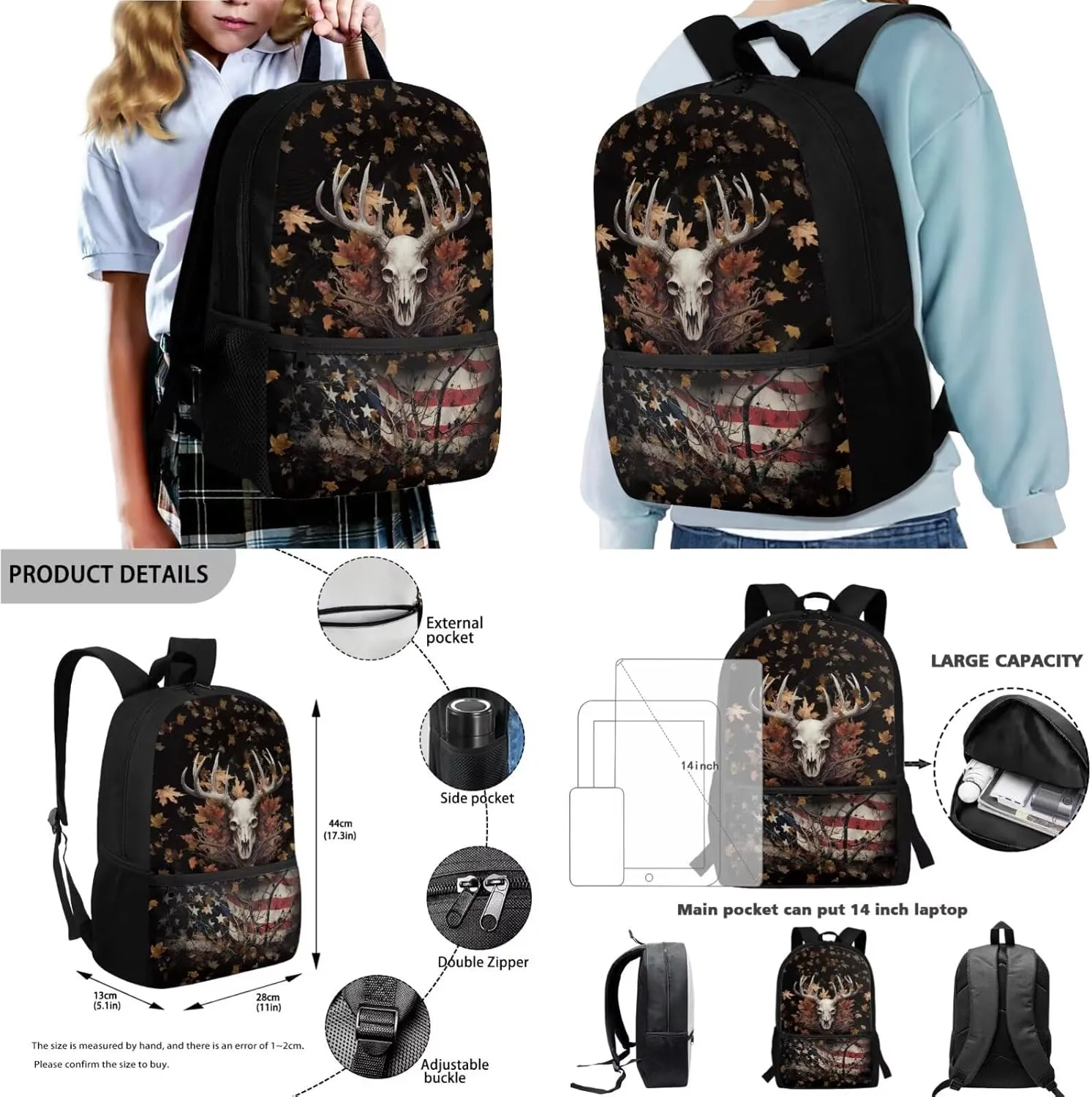 Poceacles 4 Pieces School Backpack Set with Stylish Rucksack Portable Insulated Lunch Bag Pencil Case Water Bottle Carrier for Primary Secondary School Students, Deer Skull Leaves American Flag