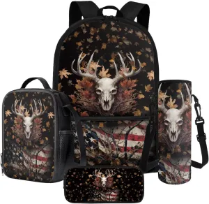 Poceacles 4 Pieces School Backpack Set with Stylish Rucksack Portable Insulated Lunch Bag Pencil Case Water Bottle Carrier for Primary Secondary School Students, Deer Skull Leaves American Flag