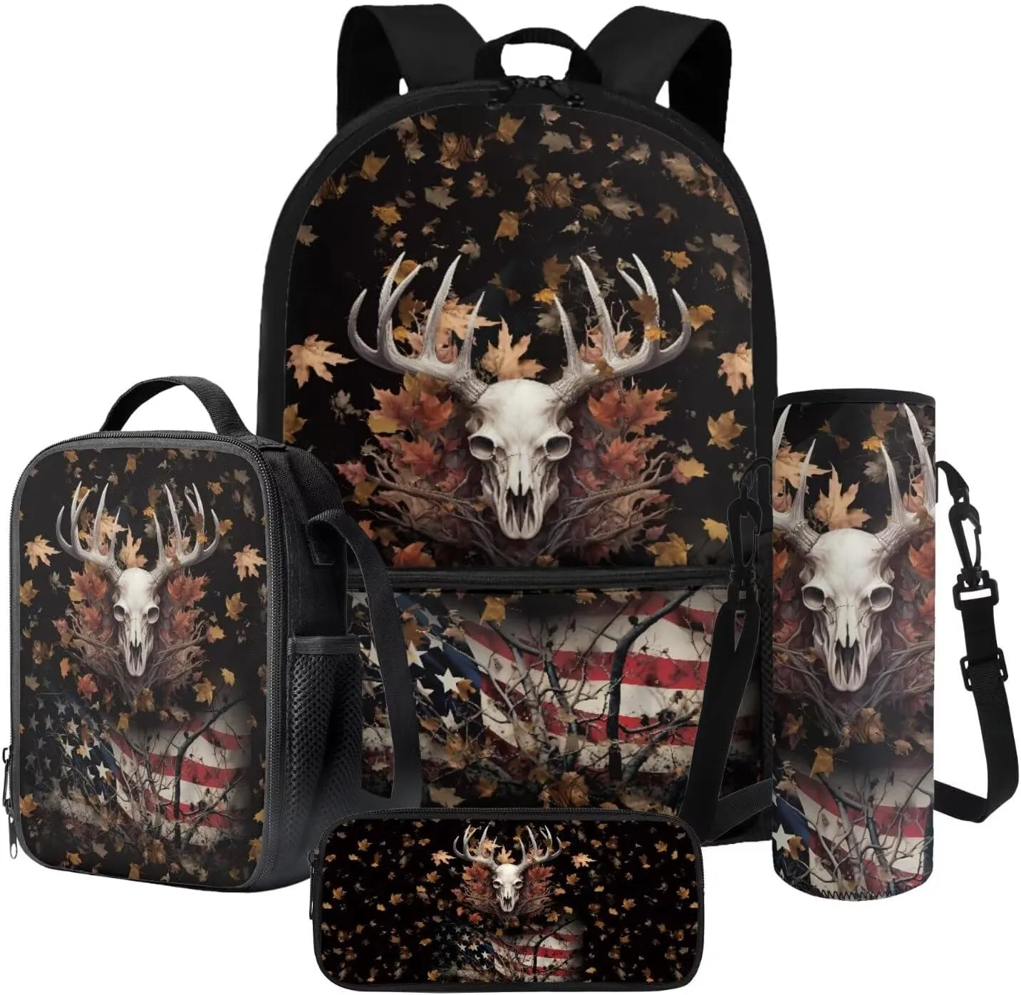 Poceacles 4 Pieces School Backpack Set with Stylish Rucksack Portable Insulated Lunch Bag Pencil Case Water Bottle Carrier for Primary Secondary School Students, Deer Skull Leaves American Flag