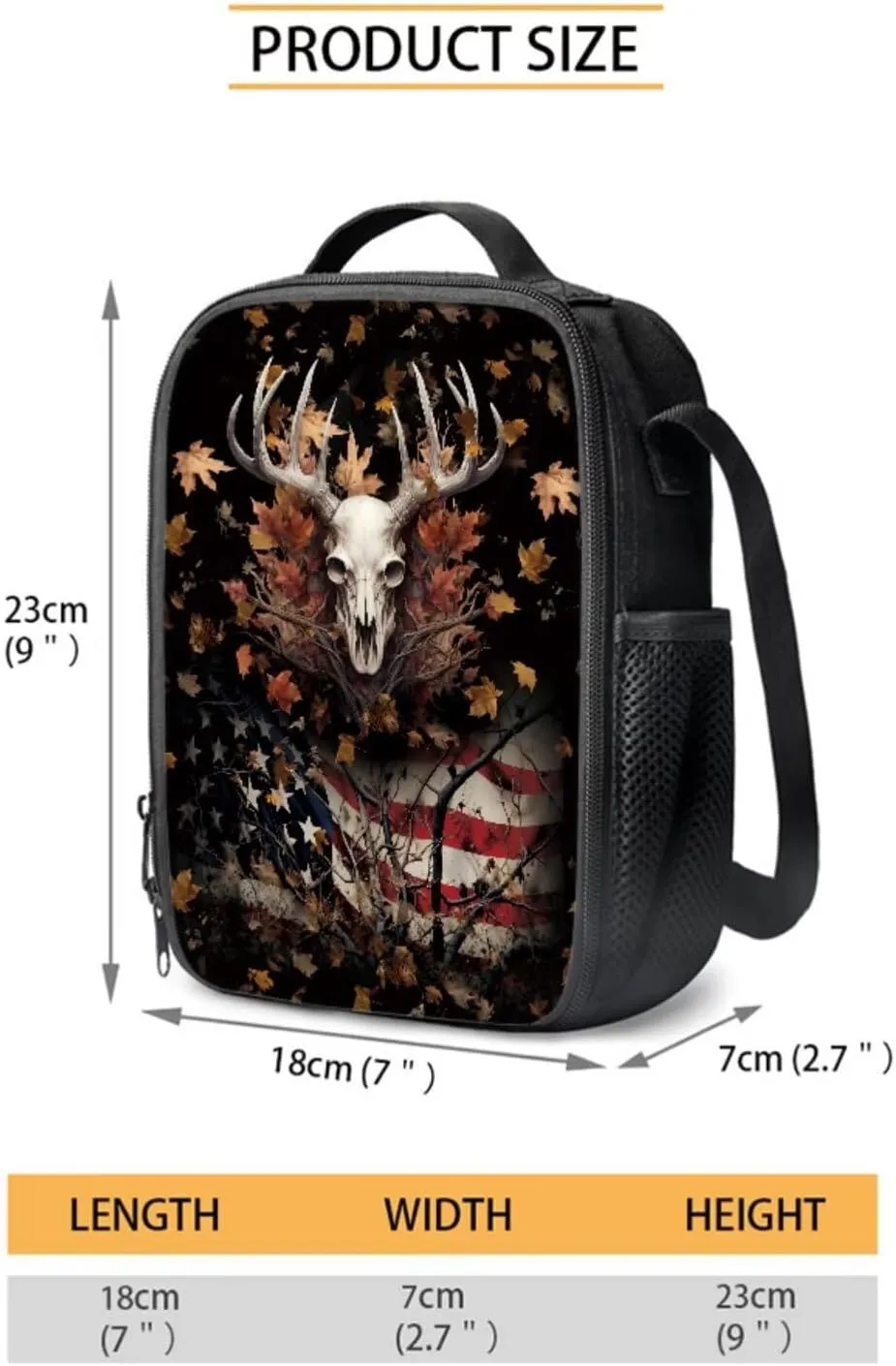 Poceacles 4 Pieces School Backpack Set with Stylish Rucksack Portable Insulated Lunch Bag Pencil Case Water Bottle Carrier for Primary Secondary School Students, Deer Skull Leaves American Flag
